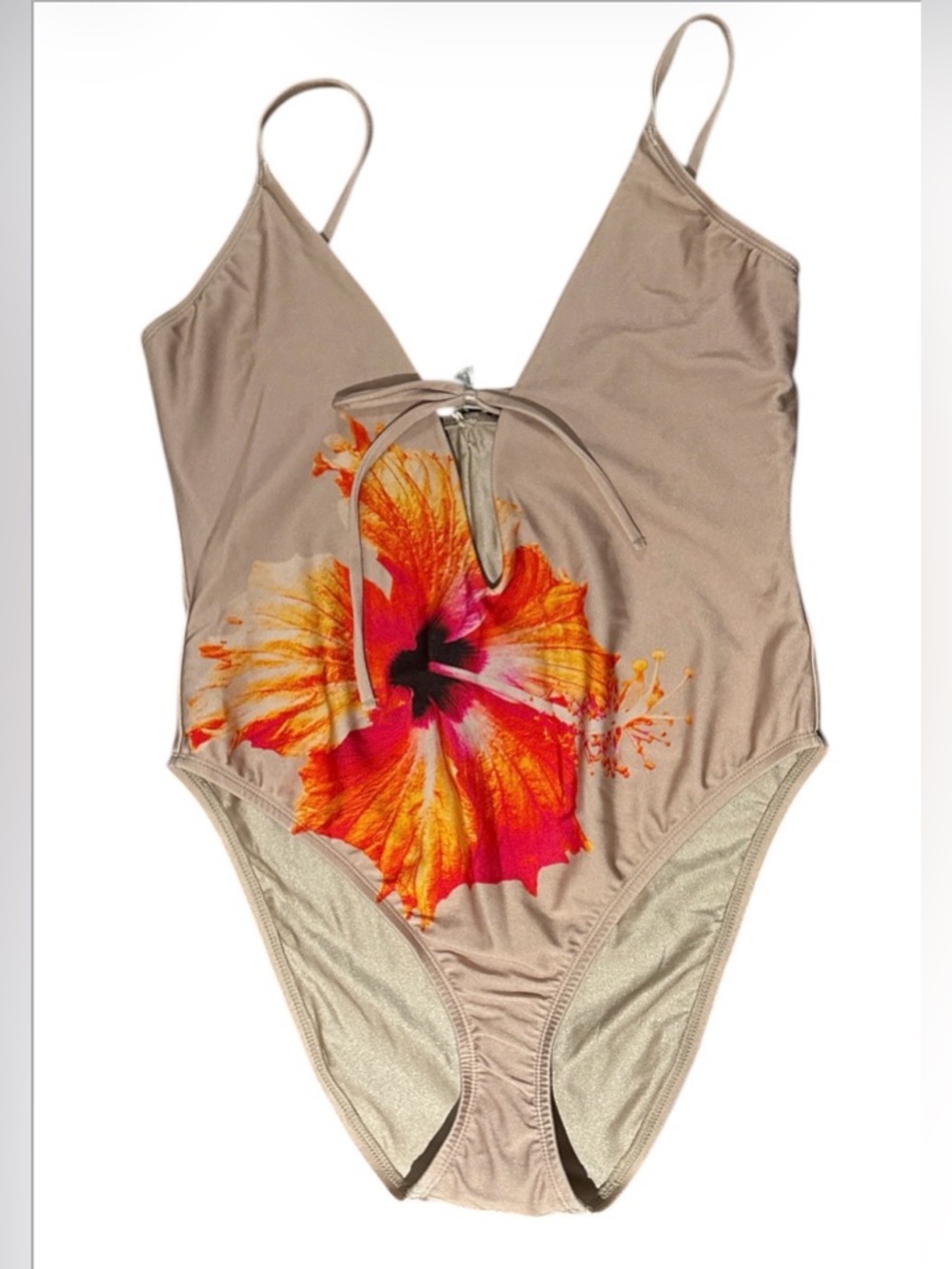 🆕 Good American Champagne-Tone One-Piece Swimsuit - Hibiscus Print Sz 2XL